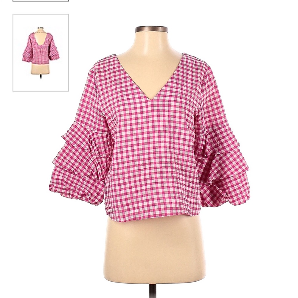Pink gingham zara blouse with ruffle bell sleeves